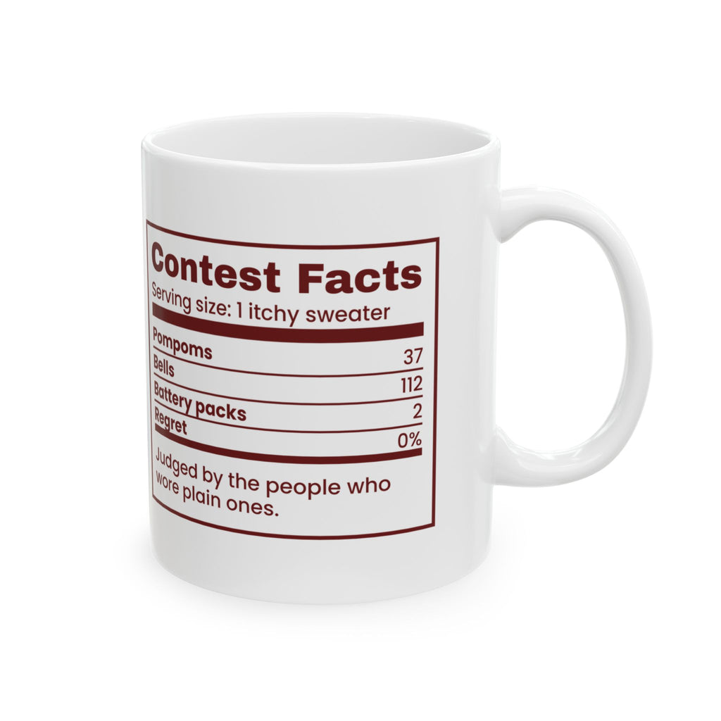 Funny Ugly Sweater Coffee Mug Contest Facts Pompoms And Bells Label