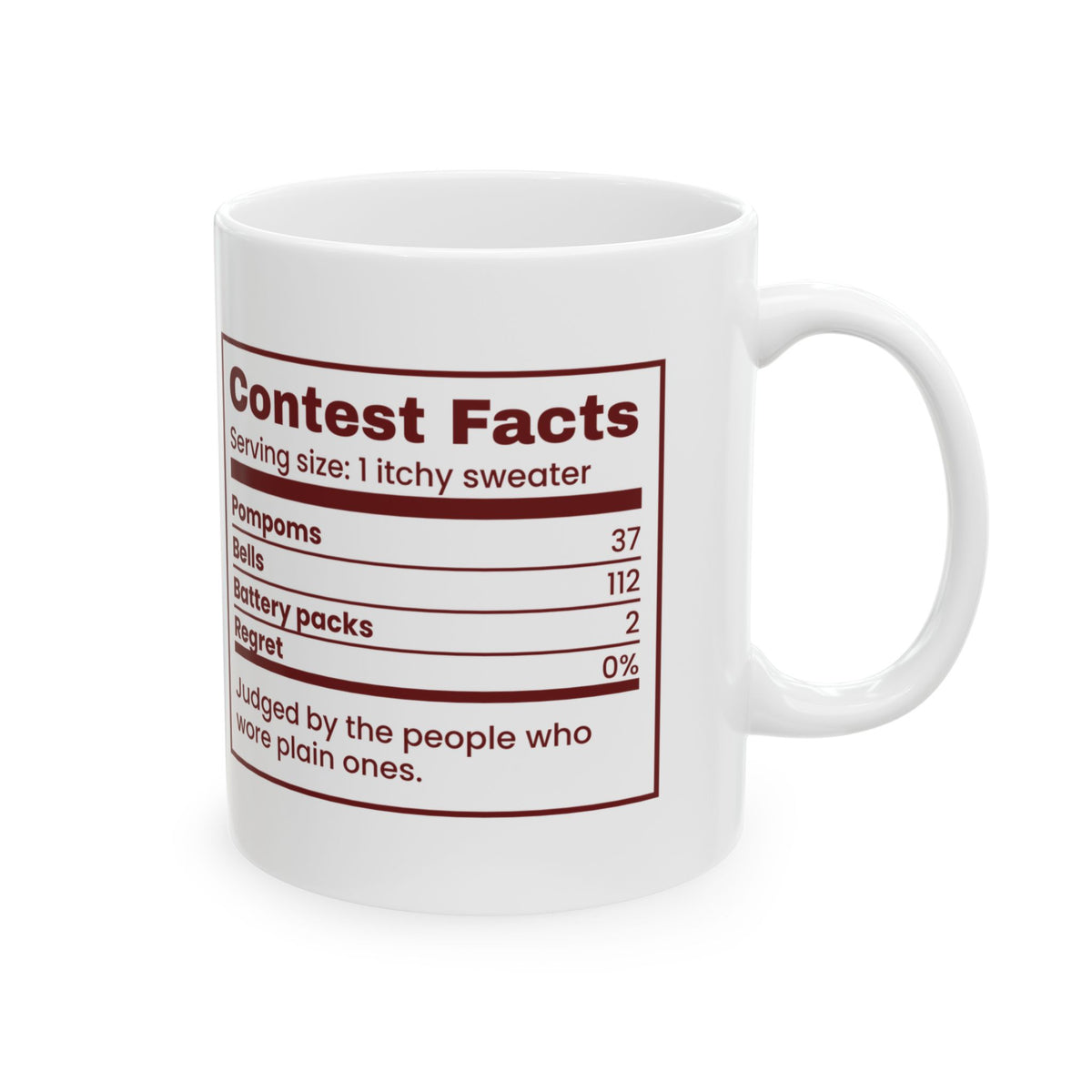 Funny Ugly Sweater Coffee Mug Contest Facts Pompoms And Bells Label