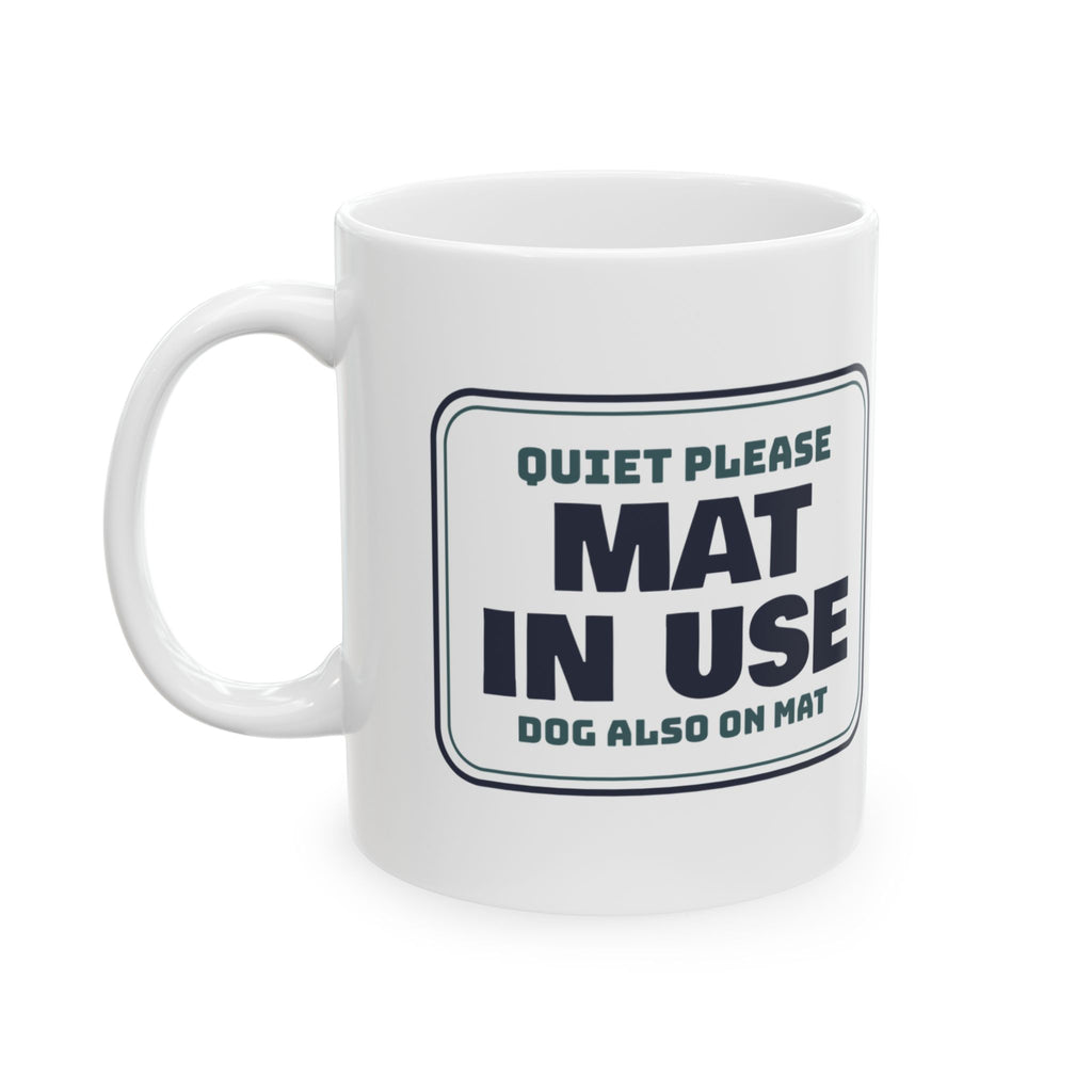 Funny Yoga Coffee Mug Mat In Use Dog Also On Mat