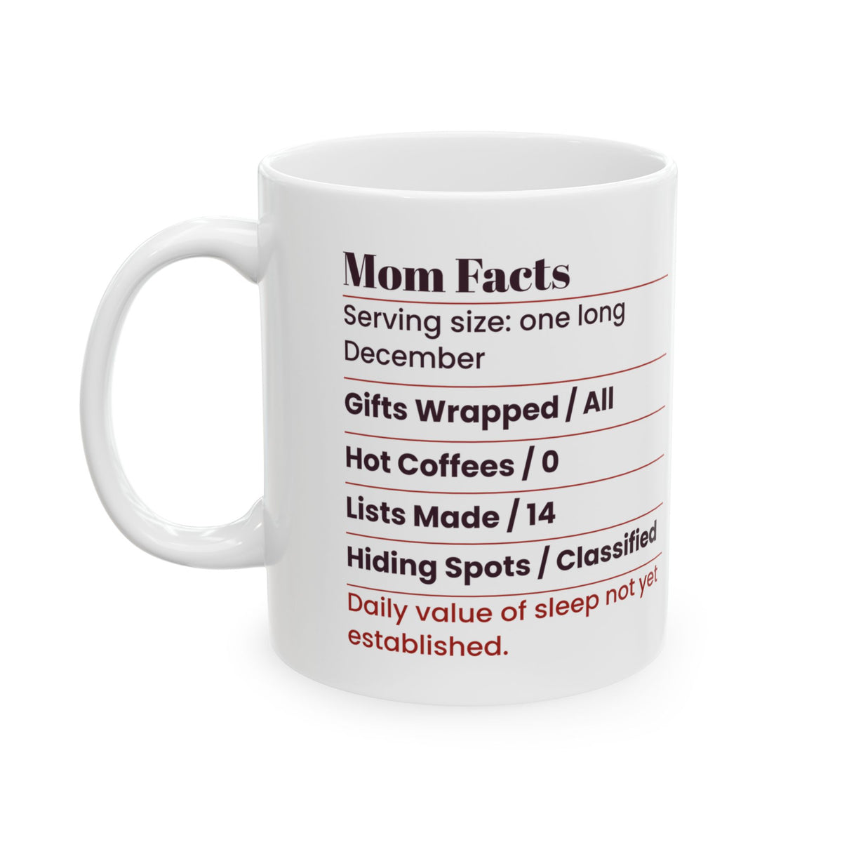 Funny Mom Christmas Coffee Mug Mom Facts Nutrition Label