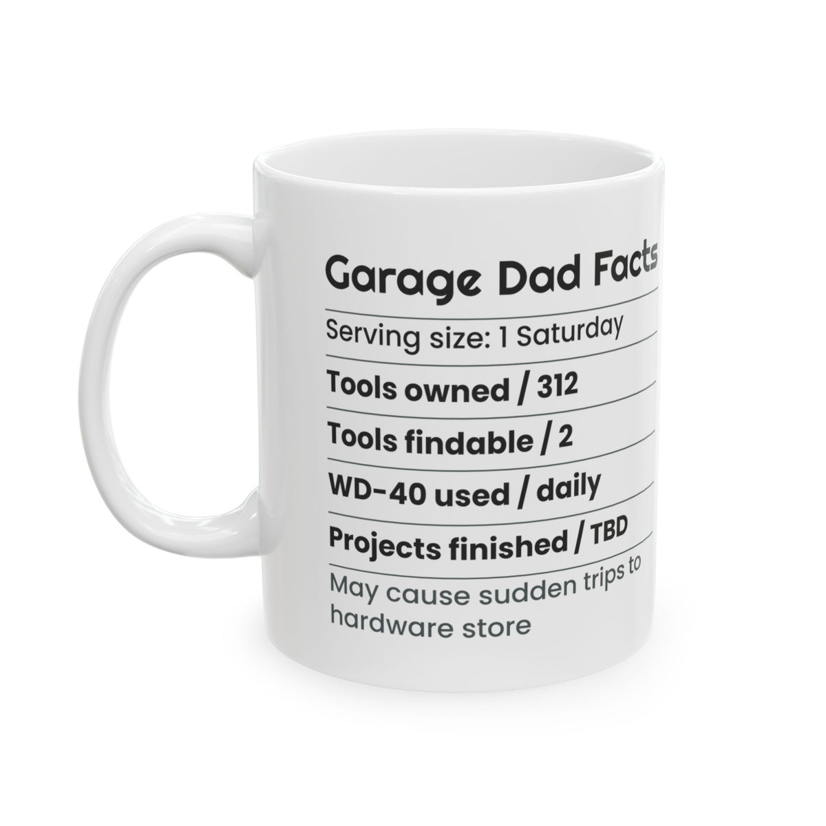 Garage Dad Nutrition Facts Coffee Mug Funny Label For Dad