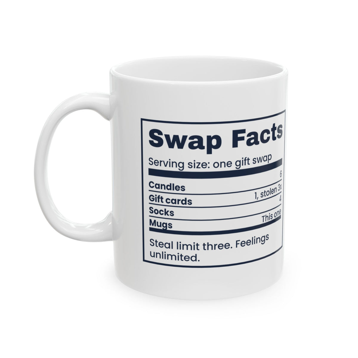 Funny White Elephant Coffee Mug Swap Nutrition Facts Label