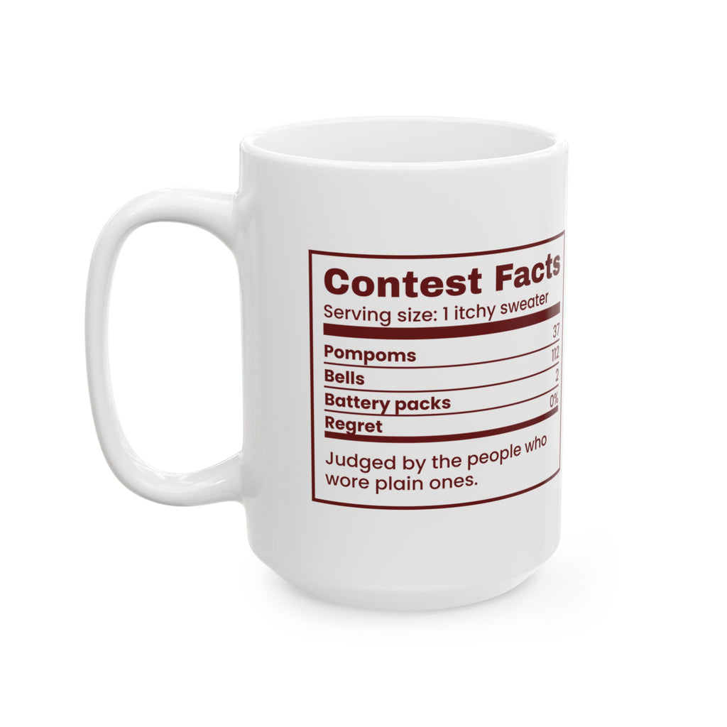 Funny Ugly Sweater Coffee Mug Contest Facts Pompoms And Bells Label
