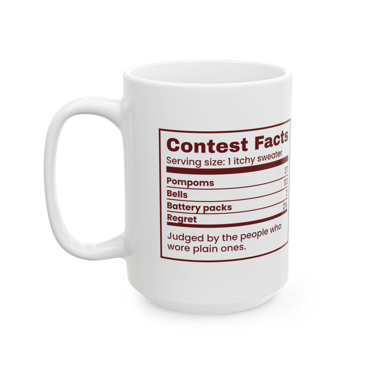 Funny Ugly Sweater Coffee Mug Contest Facts Pompoms And Bells Label