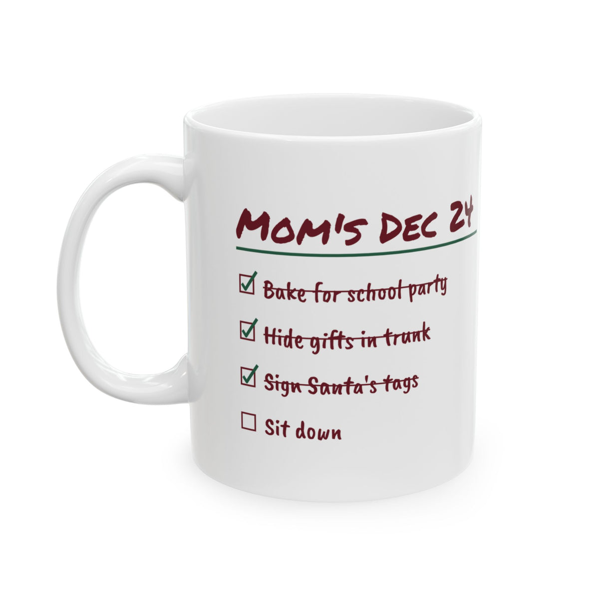 Funny Christmas Coffee Mug Mom's Christmas Eve List Sit Down For Mom