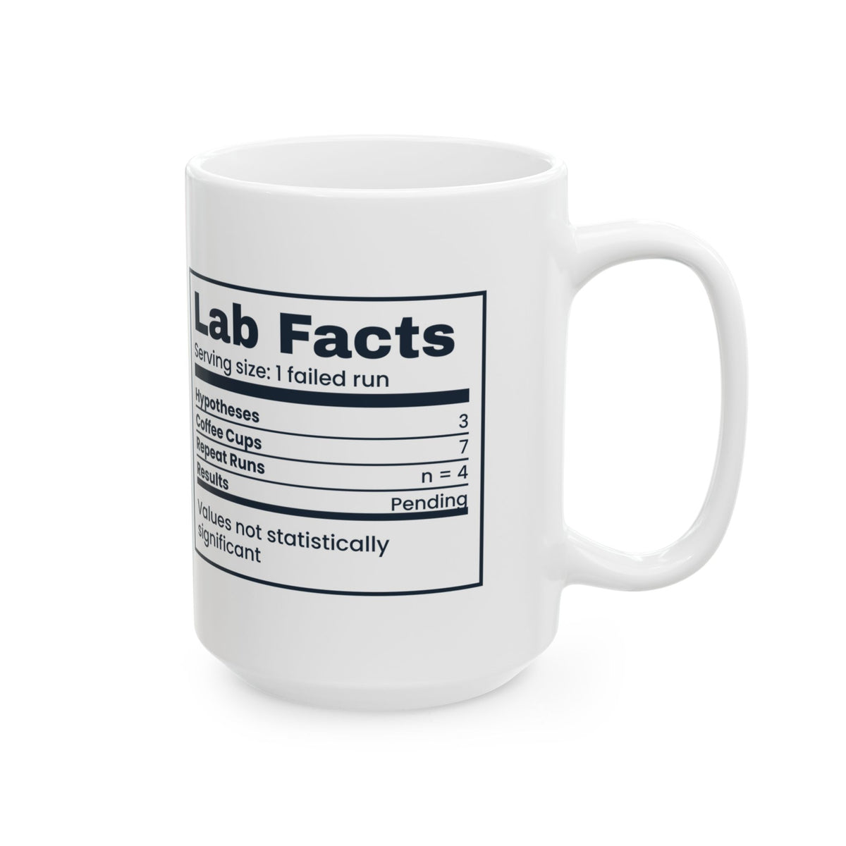 Funny Scientist Coffee Mug Lab Facts Results Pending Nutrition Label