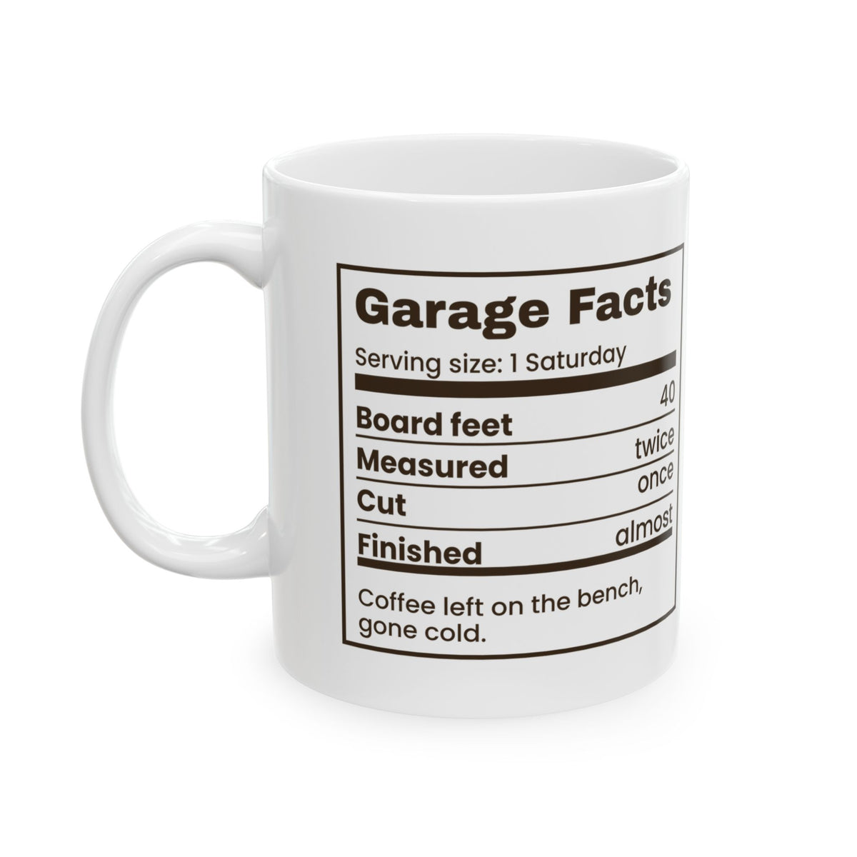 Funny Woodworking Coffee Mug Garage Facts Nutrition Label