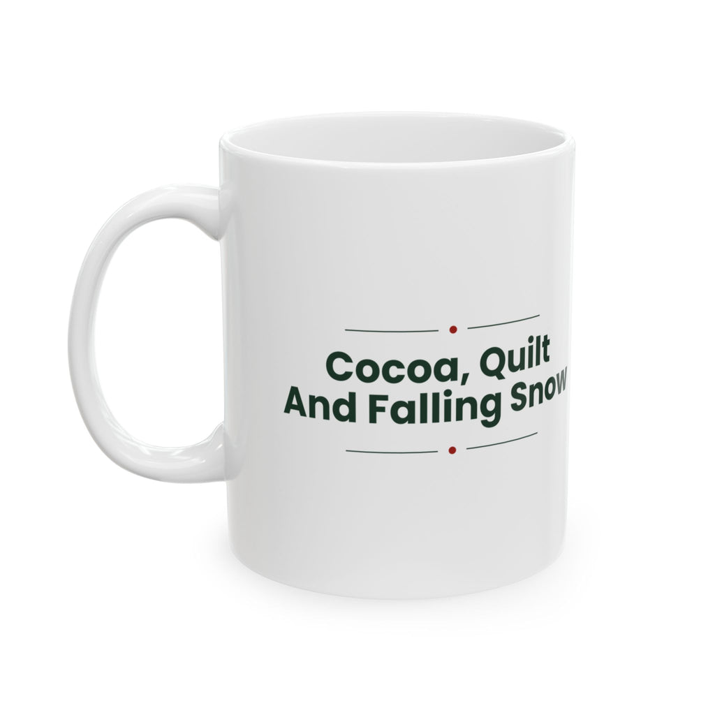 Cozy Christmas Coffee Mug Cocoa Quilt And Falling Snow Winter Cup