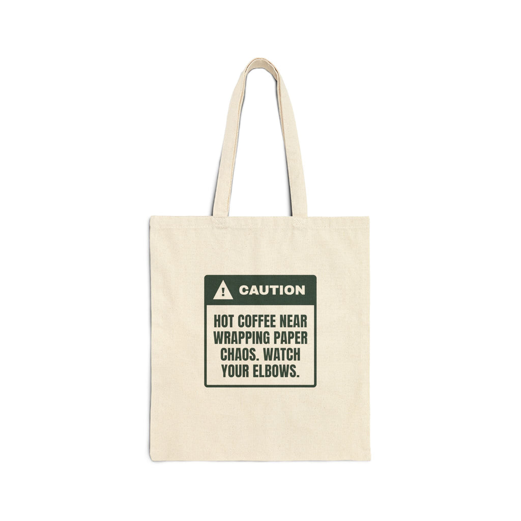 Funny Christmas Morning Tote Bag Hot Coffee Caution Label