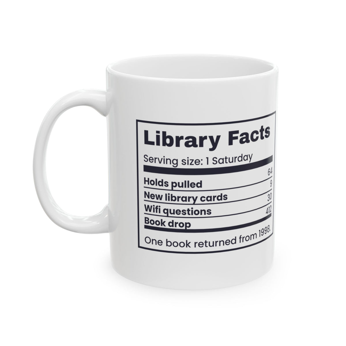 Funny Librarian Coffee Mug Library Facts Nutrition Label