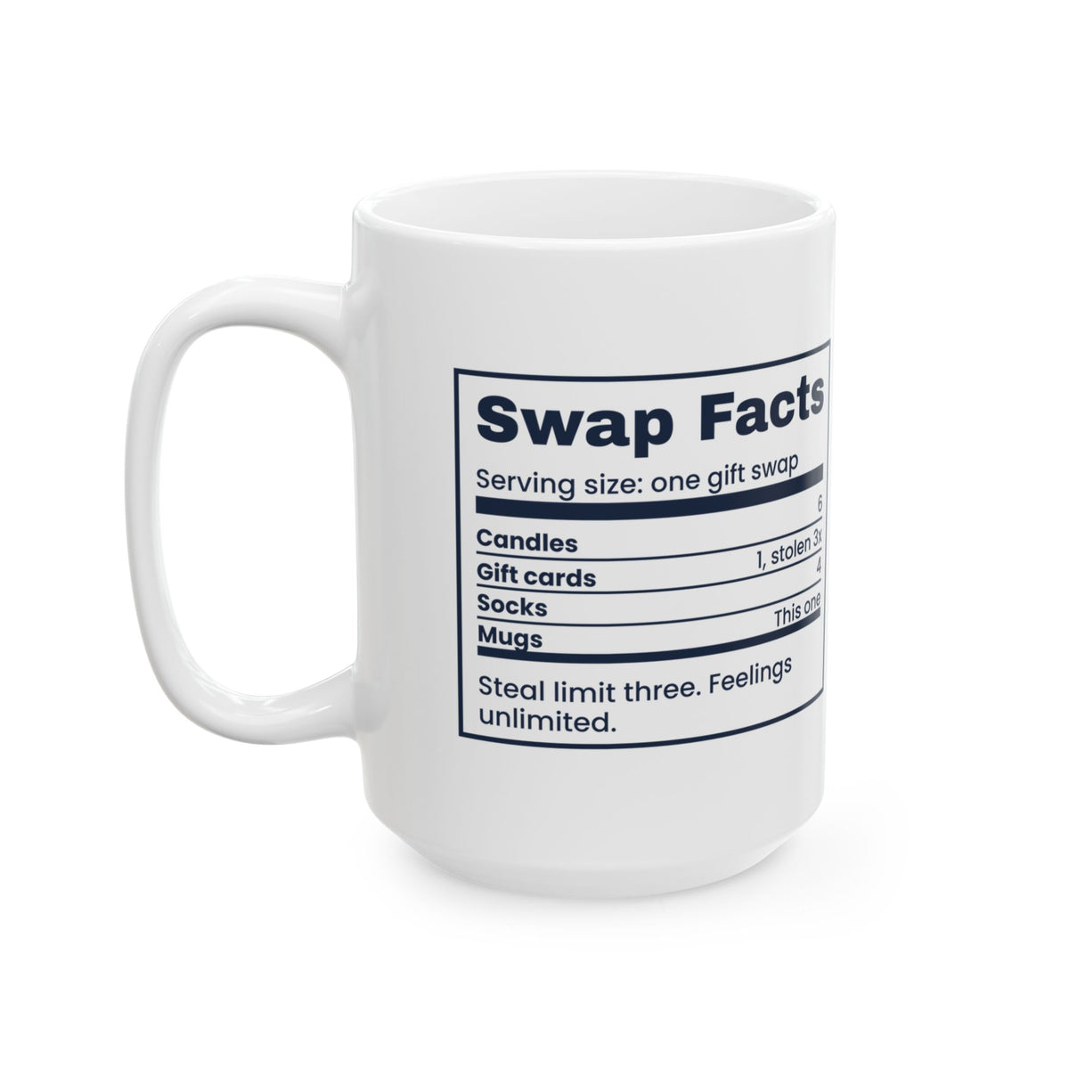 Funny White Elephant Coffee Mug Swap Nutrition Facts Label