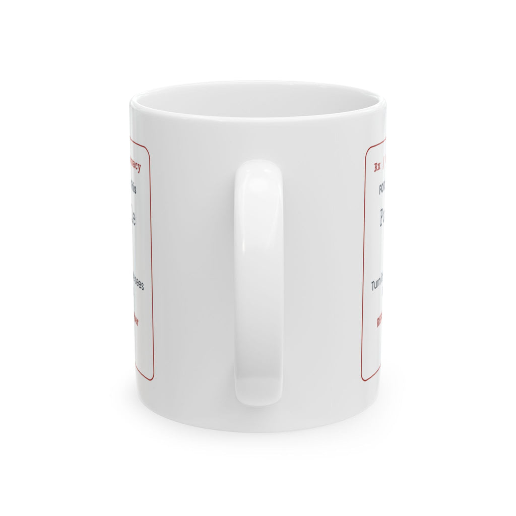 Funny White Elephant Coffee Mug Polite Smile 20mg Prescription Label