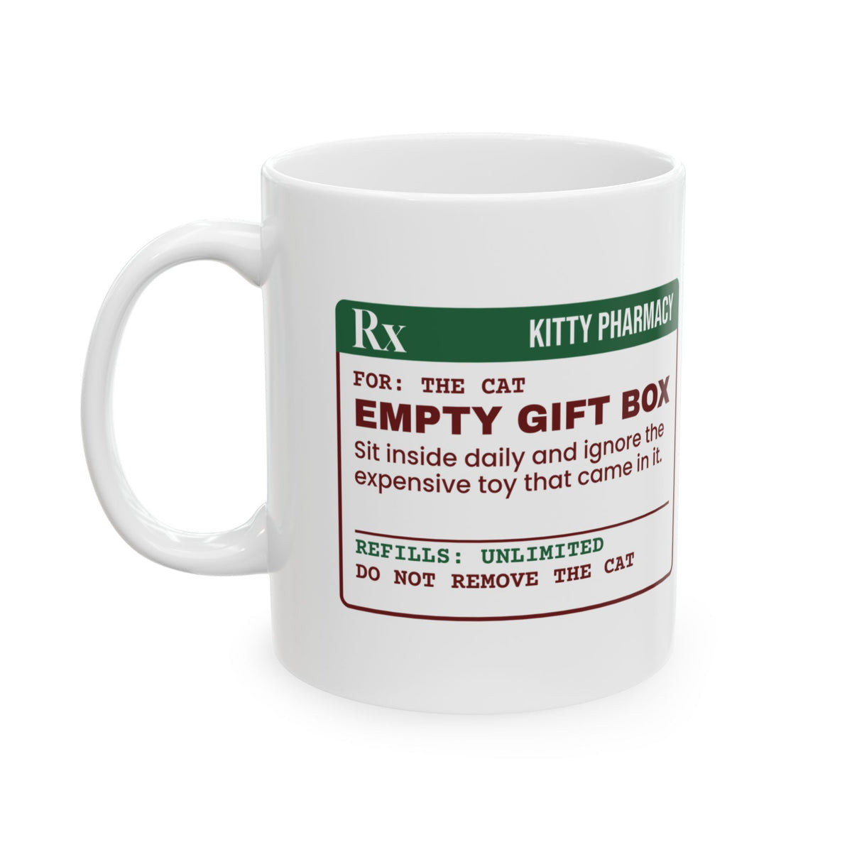 Funny Christmas Cat Coffee Mug Empty Gift Box Prescription Label