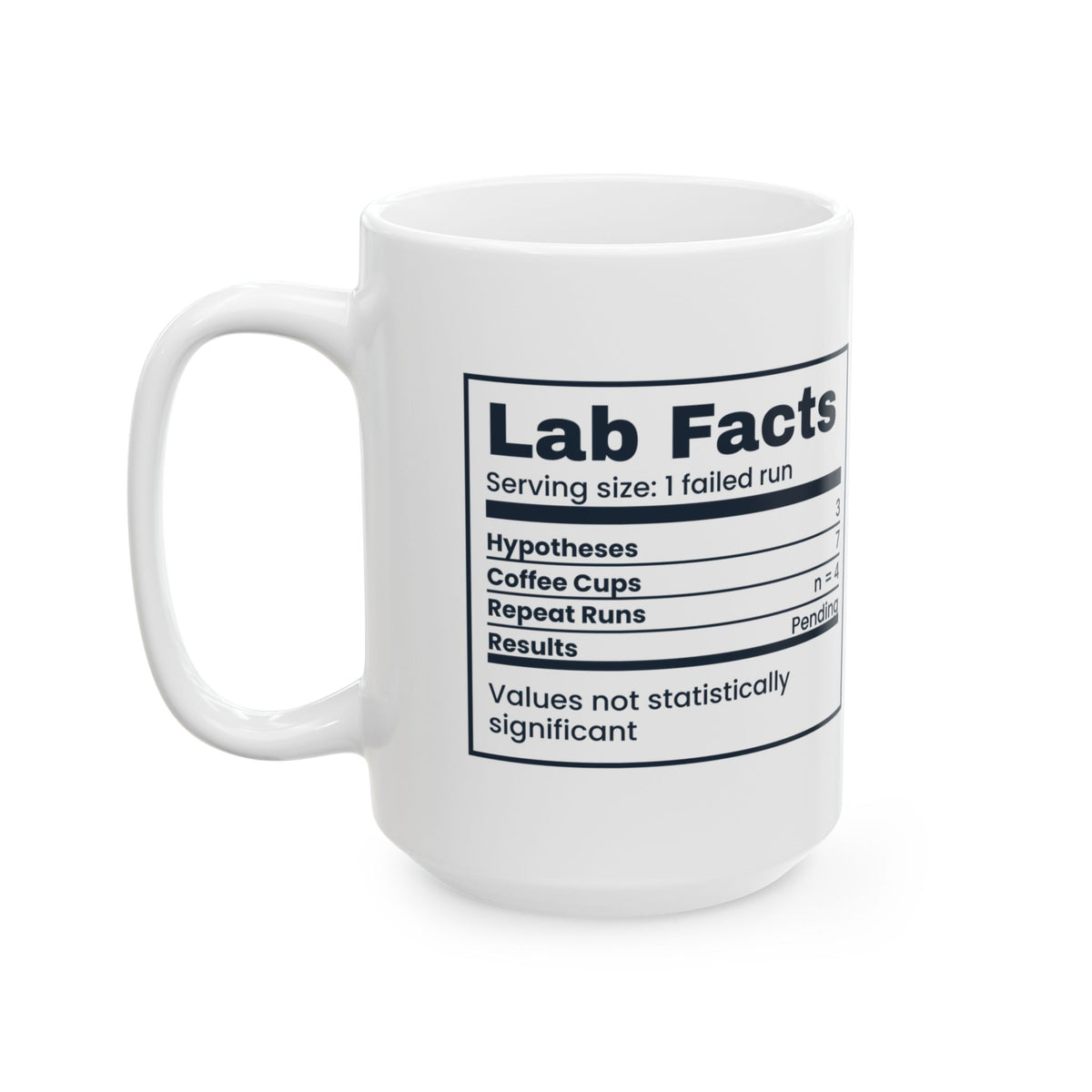 Funny Scientist Coffee Mug Lab Facts Results Pending Nutrition Label