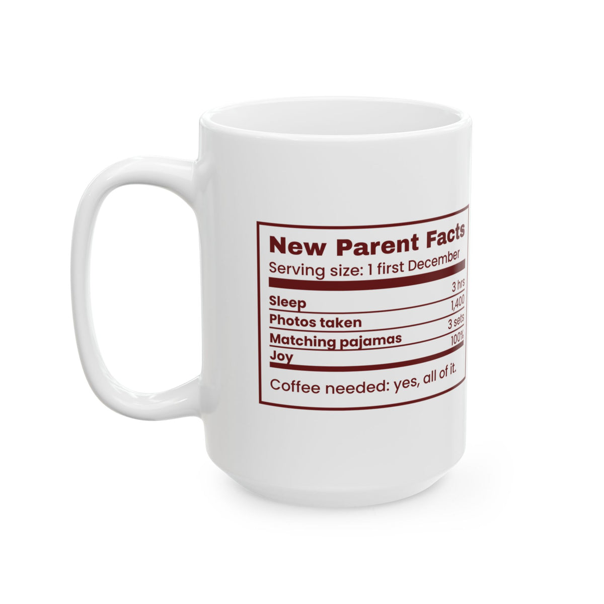 Funny Christmas Coffee Mug New Parent Facts Nutrition Label
