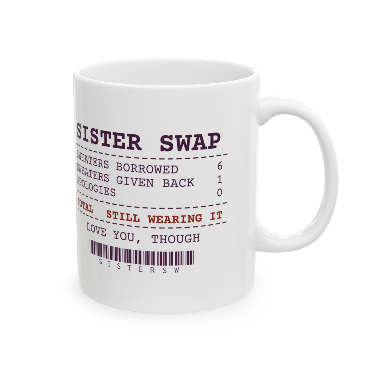 Funny Sister Coffee Mug Six Borrowed One Given Back Receipt