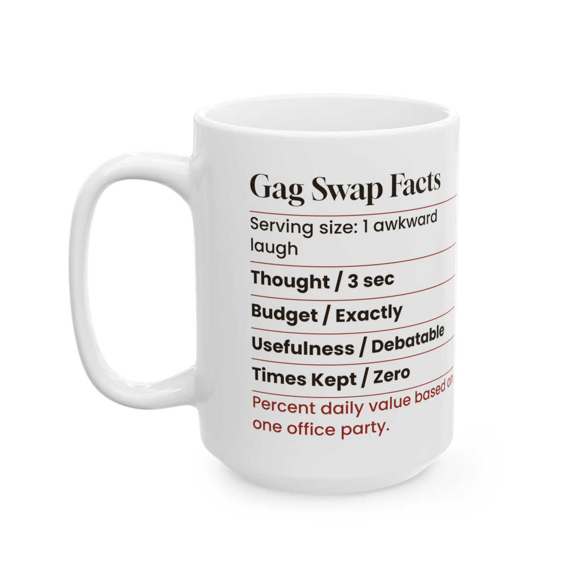 Funny White Elephant Coffee Mug Gag Swap Facts Nutrition Label