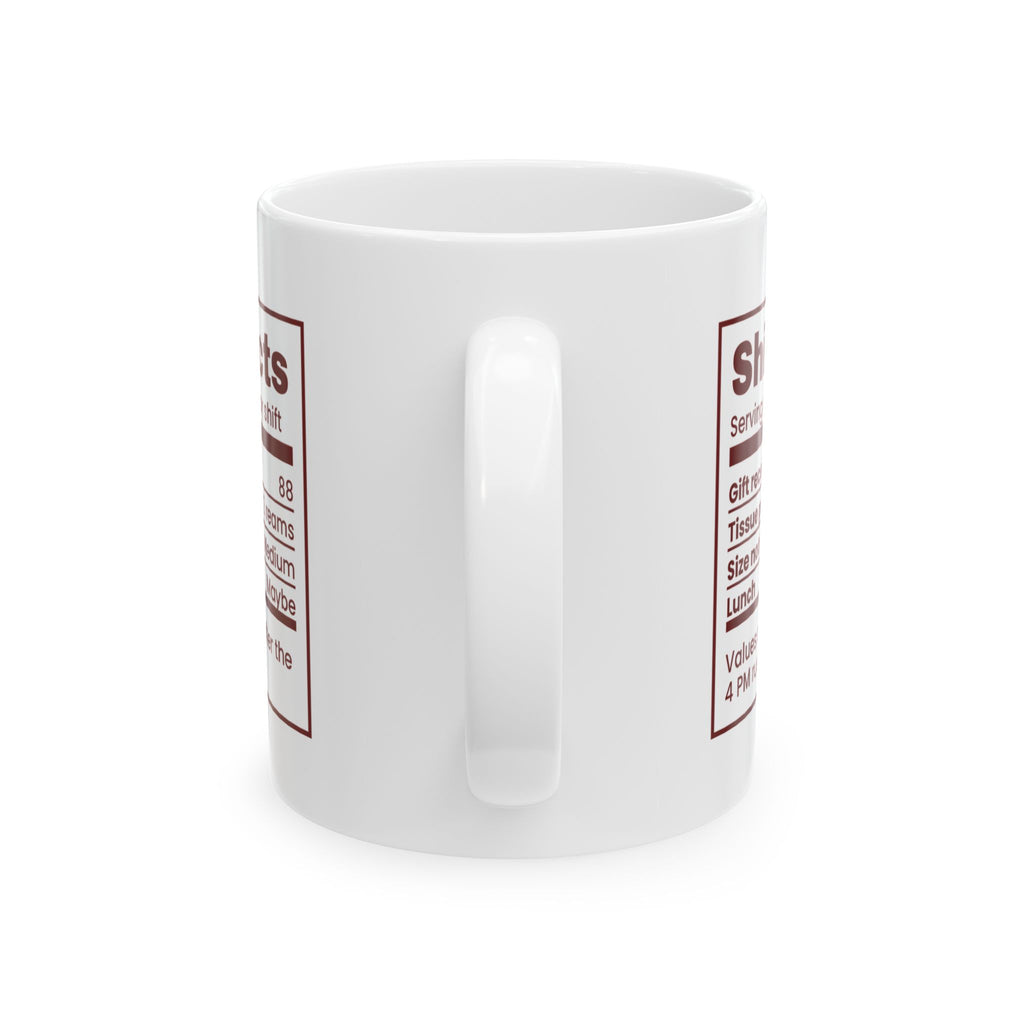 Funny Christmas Retail Worker Coffee Mug Shift Facts Nutrition Label