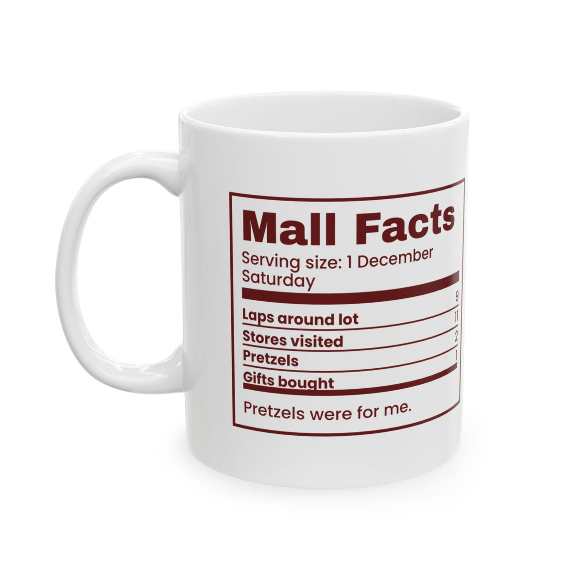 Funny Christmas Shopping Coffee Mug Mall Facts Nutrition Label