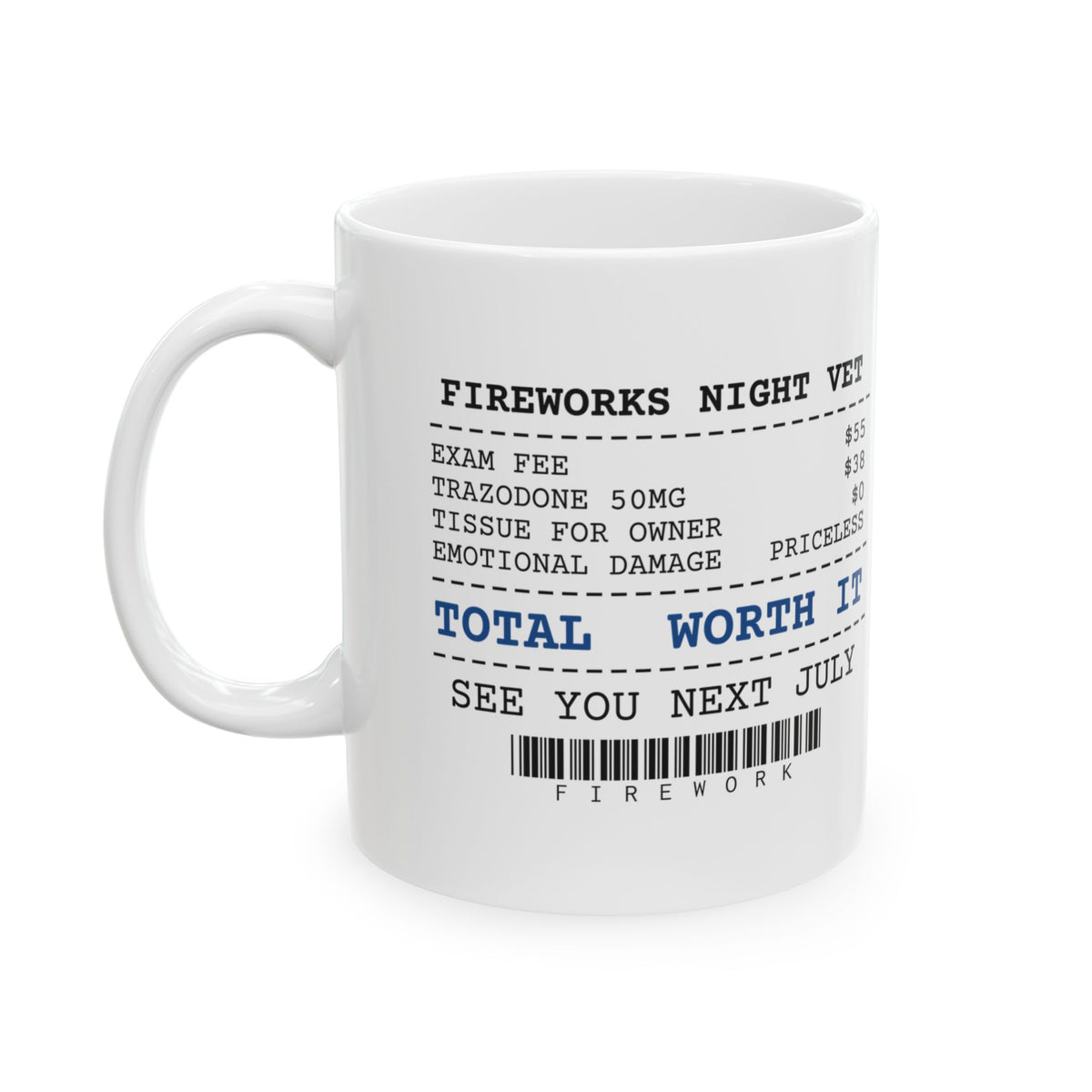Funny Fireworks Vet Bill Receipt Coffee Mug Anxiety Meds For Dog Moms