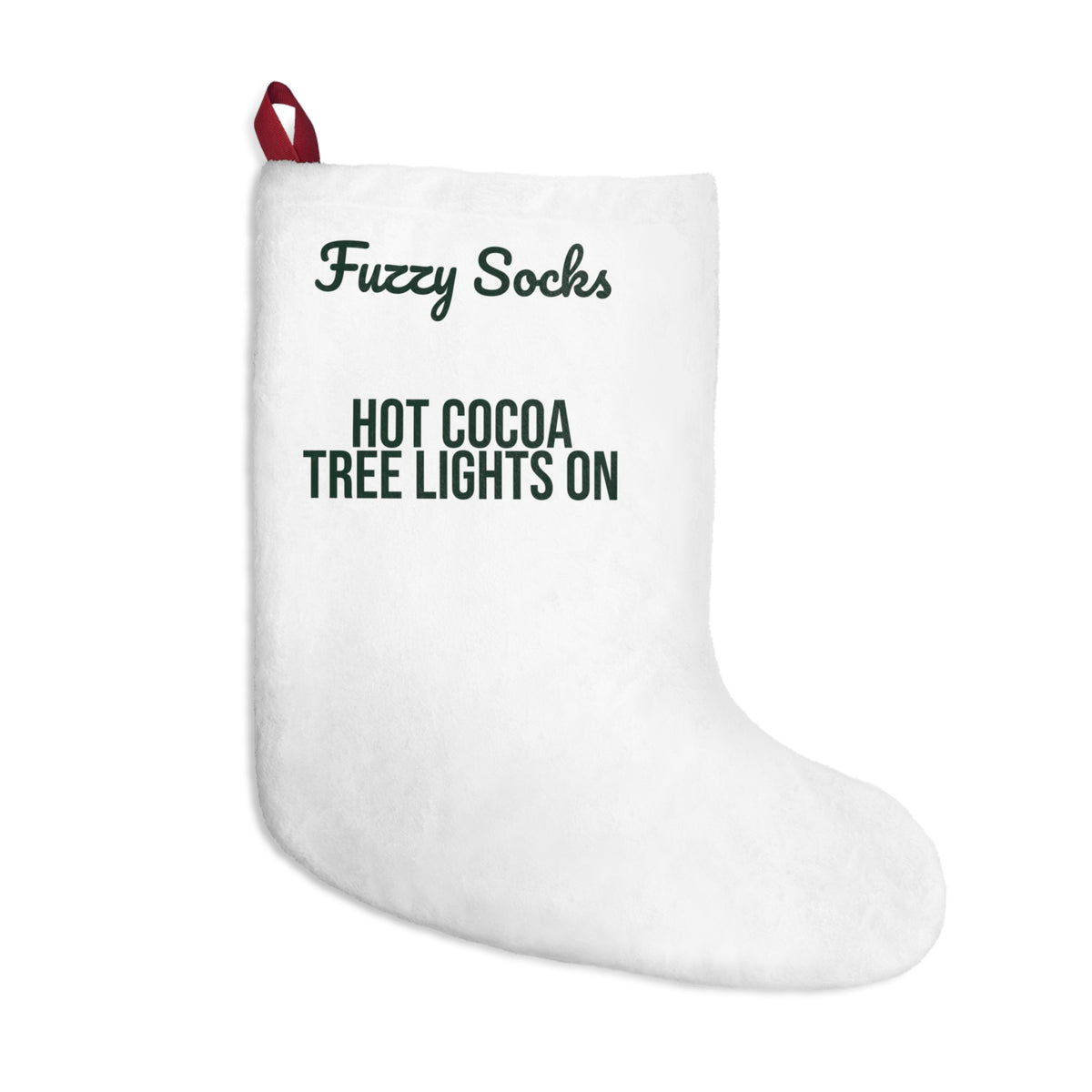 Christmas Stocking Fuzzy Socks Hot Cocoa Tree Lights On Cozy