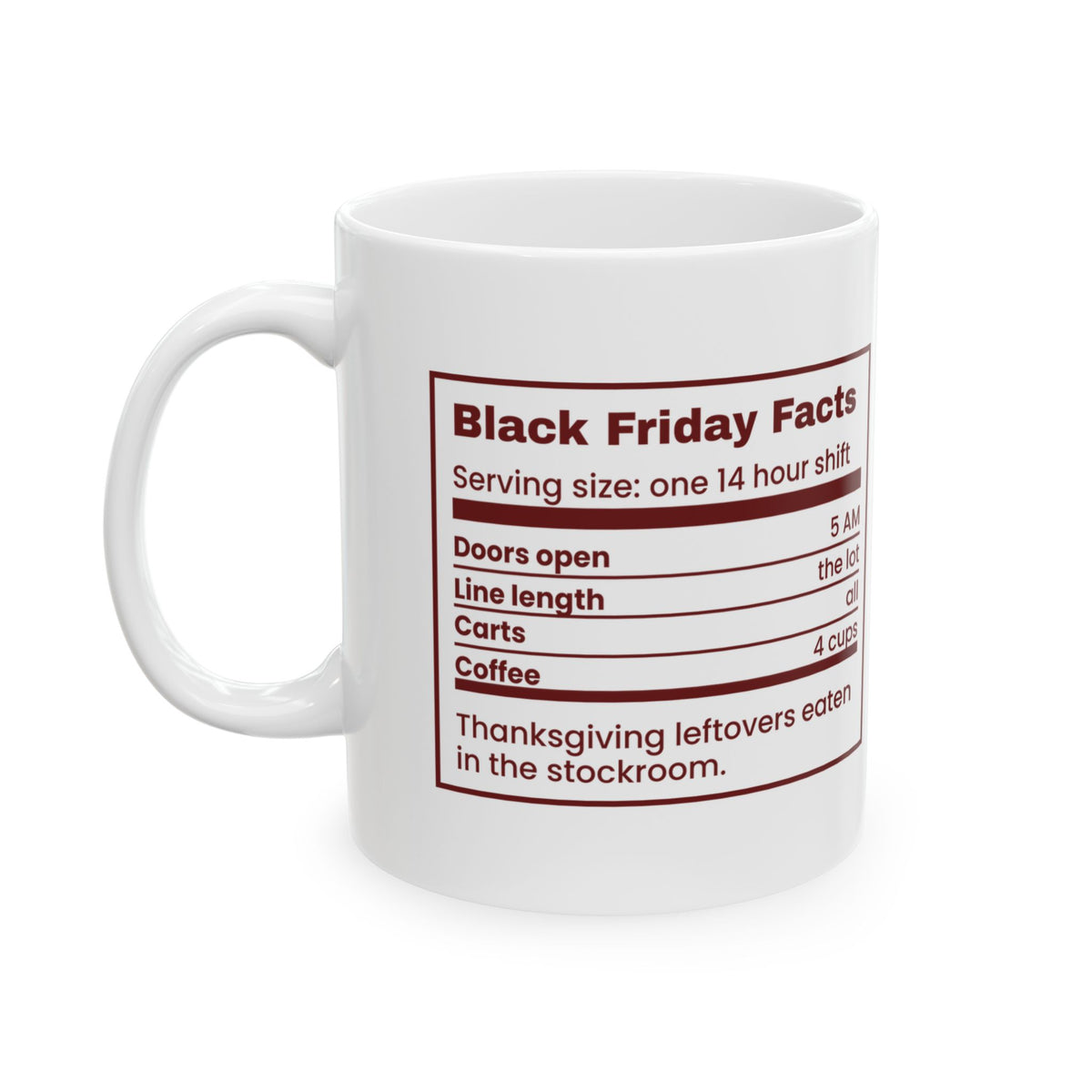 Funny Christmas Retail Coffee Mug Black Friday Facts Nutrition Label