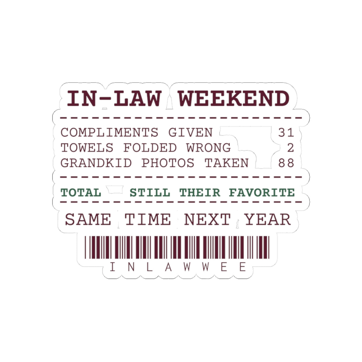 Funny Christmas Sticker In-Law Weekend Receipt Still Their Favorite