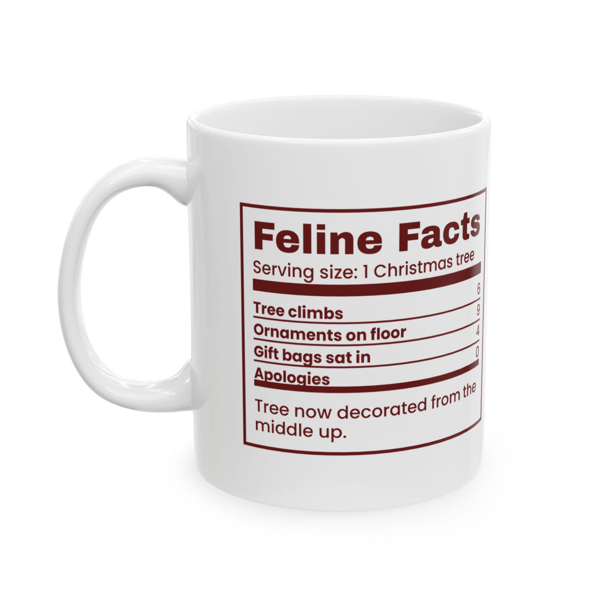 Funny Christmas Cat Coffee Mug Feline Facts Nutrition Label