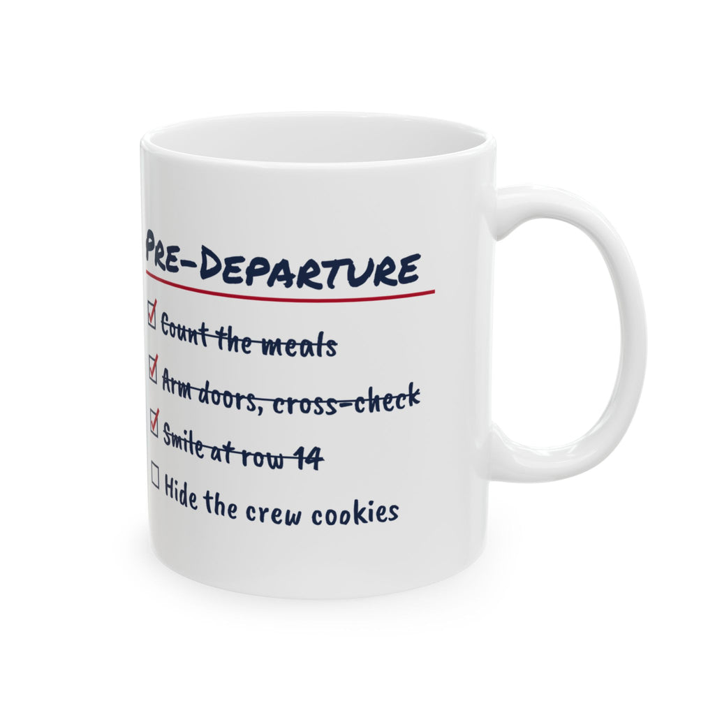 Funny Flight Attendant Coffee Mug Pre-Departure Checklist Crew Cookies