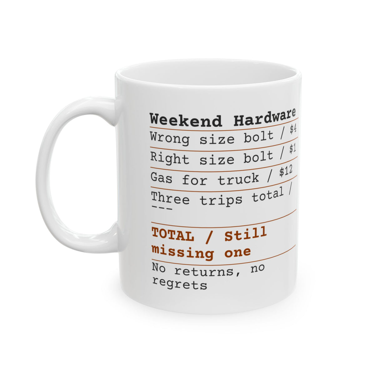 Hardware Store Receipt Coffee Mug Still Missing One Bolt For Dad