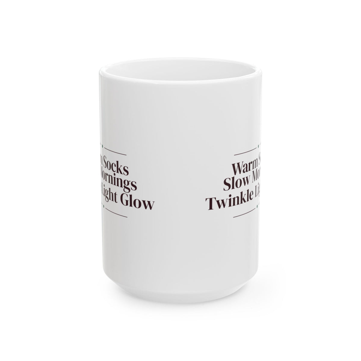 Cozy Christmas Coffee Mug Warm Socks Slow Mornings Twinkle Light Glow