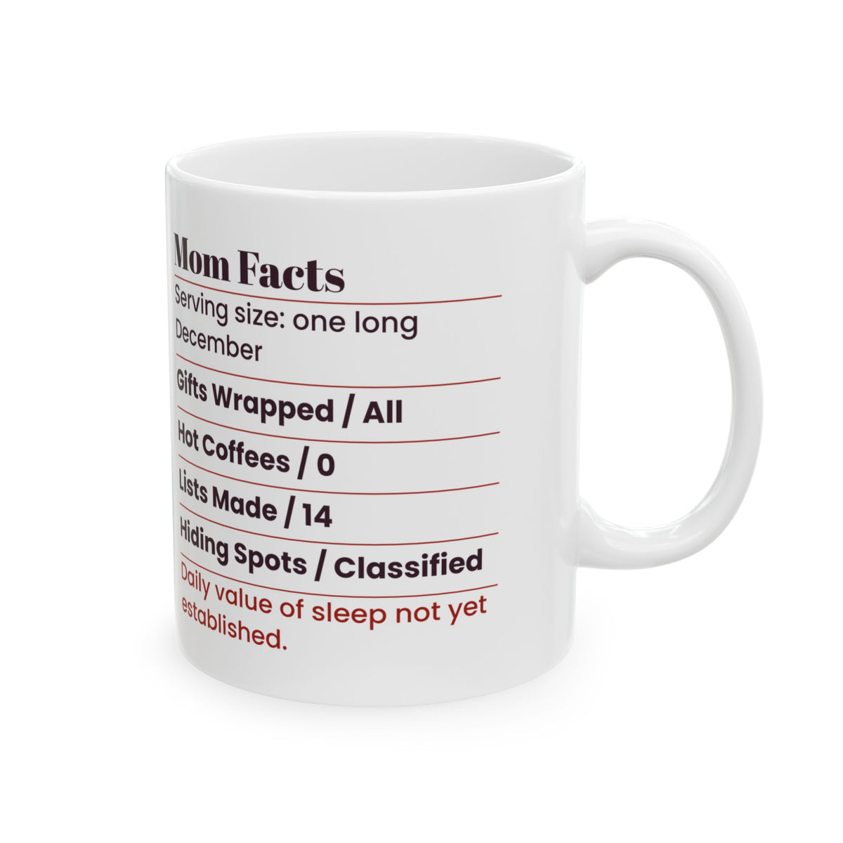 Funny Mom Christmas Coffee Mug Mom Facts Nutrition Label