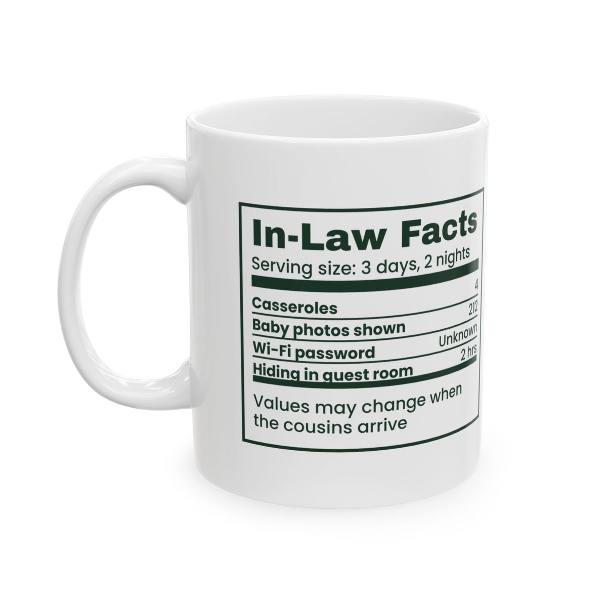 Funny Christmas Coffee Mug In-Law Facts Three Days Two Nights