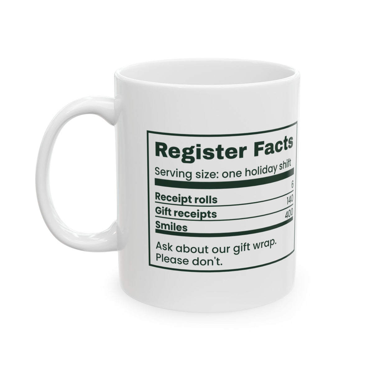 Funny Retail Christmas Coffee Mug Register Nutrition Facts Label