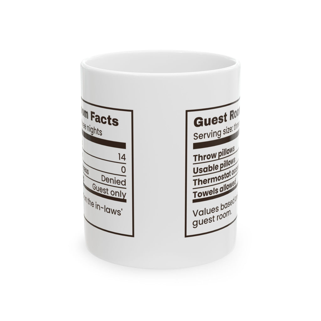 Funny In-Laws Christmas Visit Coffee Mug Guest Room Facts Label