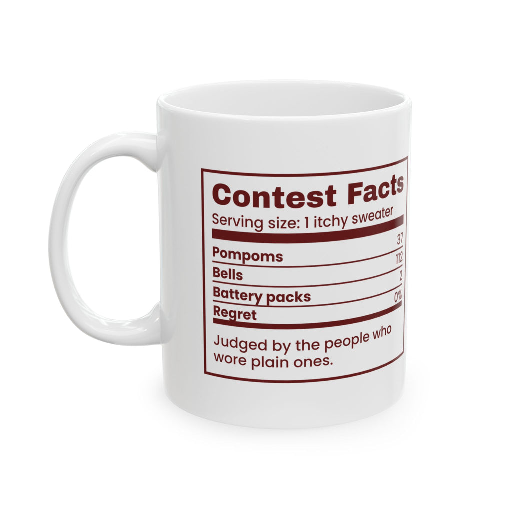 Funny Ugly Sweater Coffee Mug Contest Facts Pompoms And Bells Label