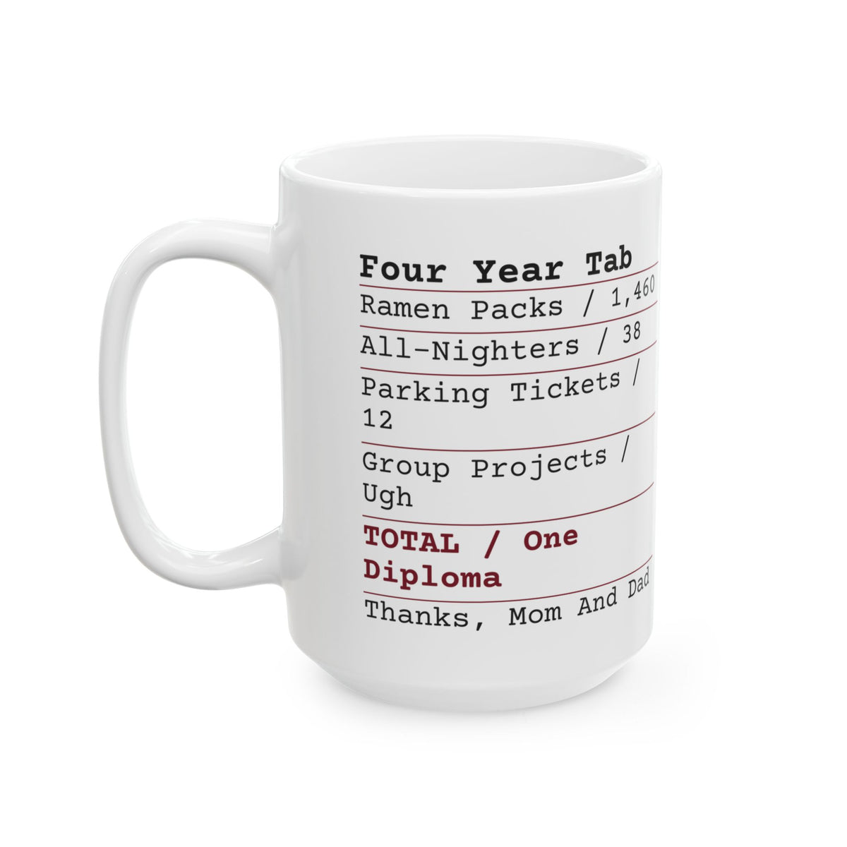 Funny College Graduation Coffee Mug Four Year Tab Receipt One Diploma