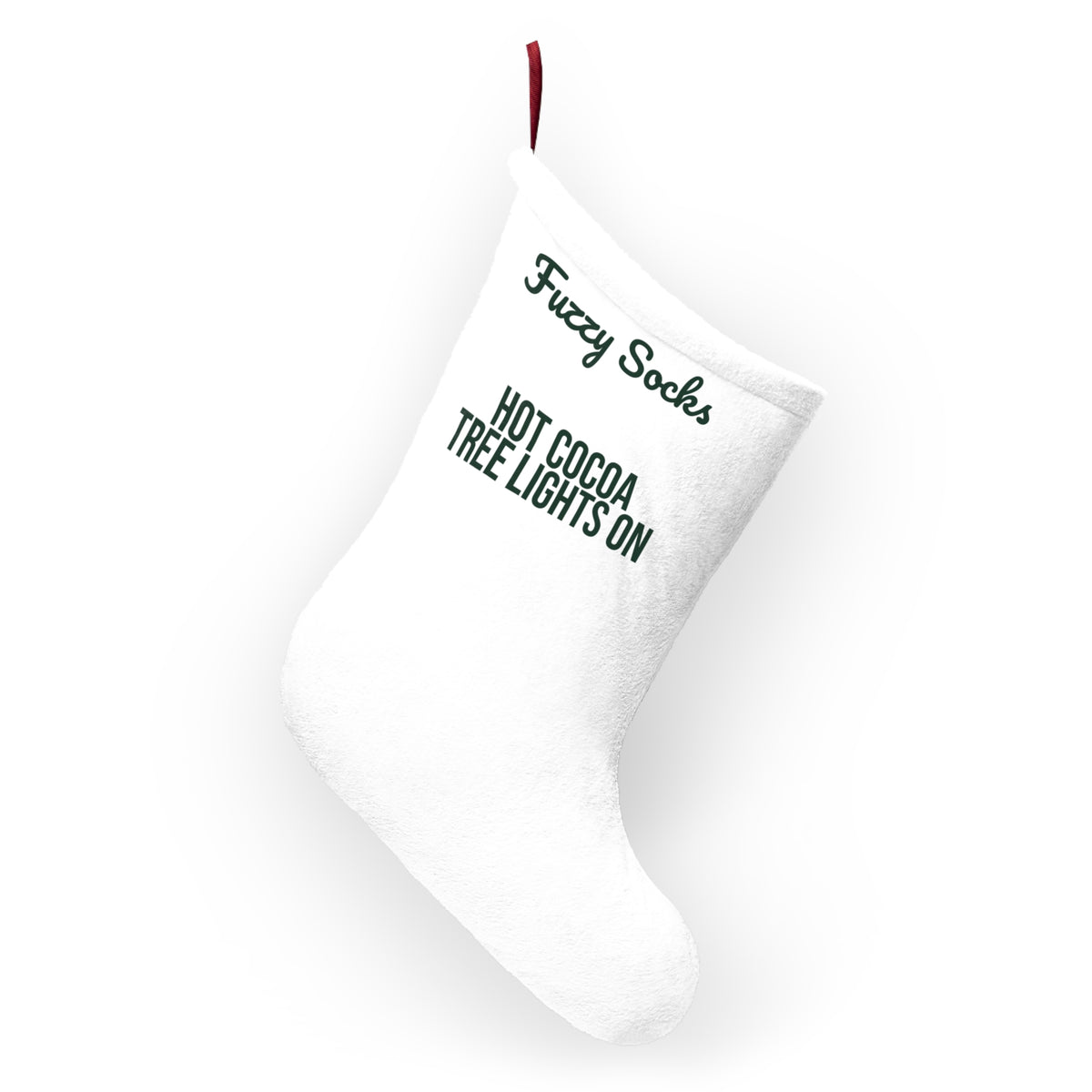 Christmas Stocking Fuzzy Socks Hot Cocoa Tree Lights On Cozy