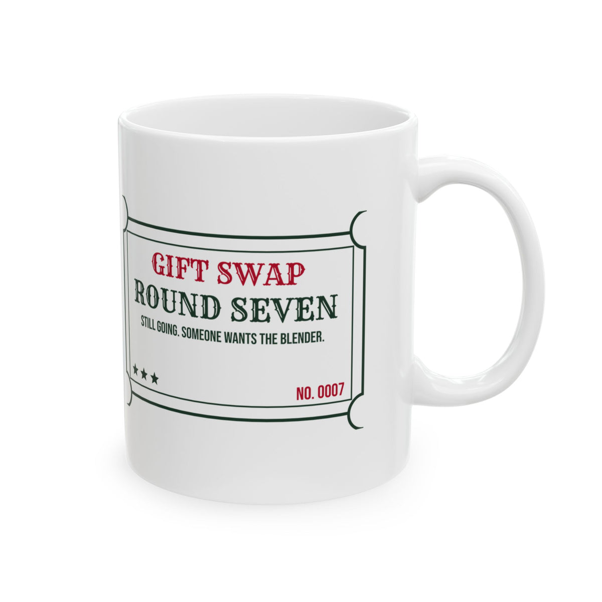 Funny White Elephant Gift Swap Coffee Mug Round Seven Still Going