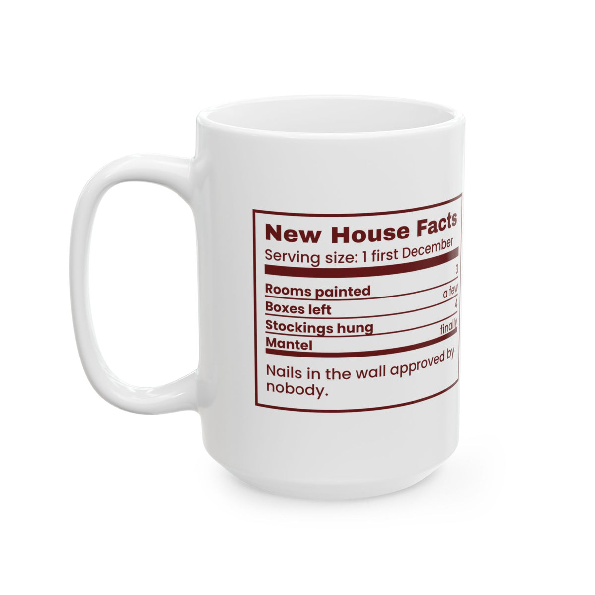 Funny Christmas Coffee Mug New House Facts Nutrition Label