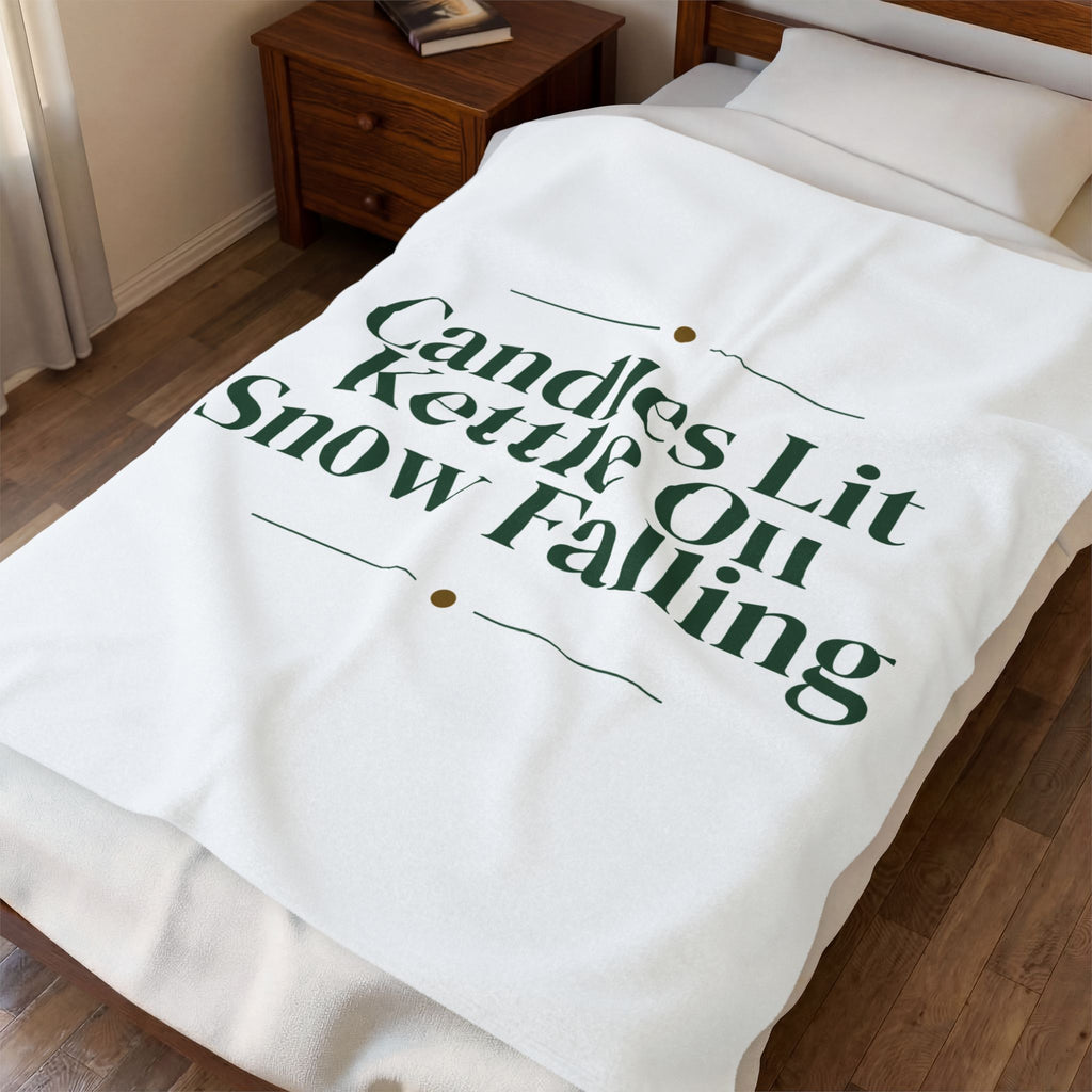 Christmas Throw Blanket Candles Lit Kettle On Snow Falling Cozy Winter