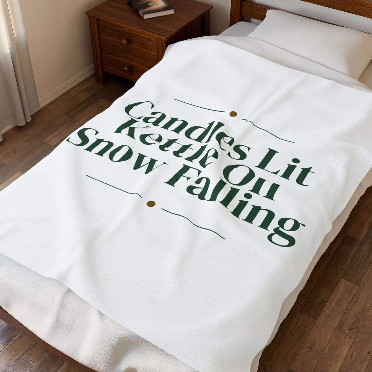 Christmas Throw Blanket Candles Lit Kettle On Snow Falling Cozy Winter