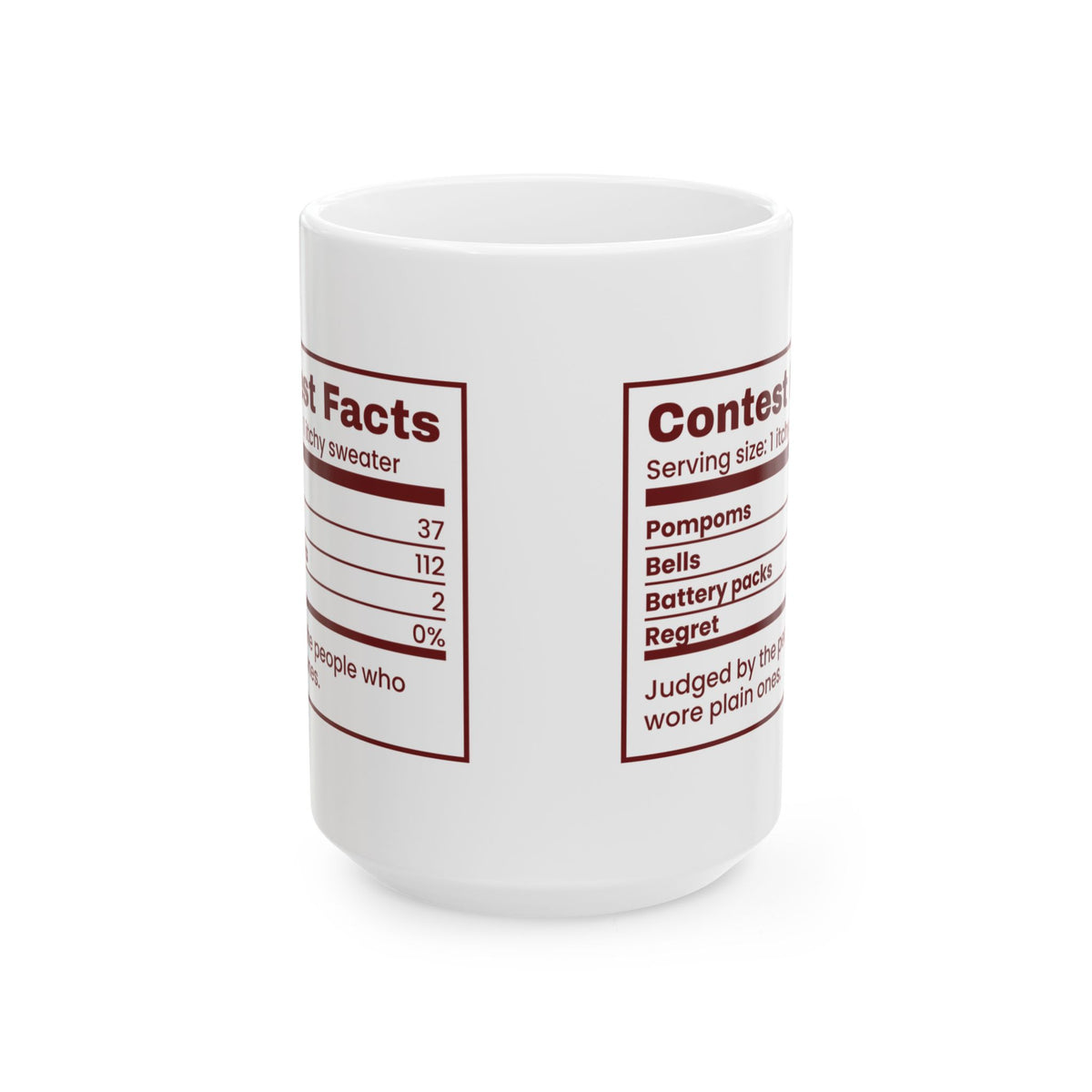 Funny Ugly Sweater Coffee Mug Contest Facts Pompoms And Bells Label