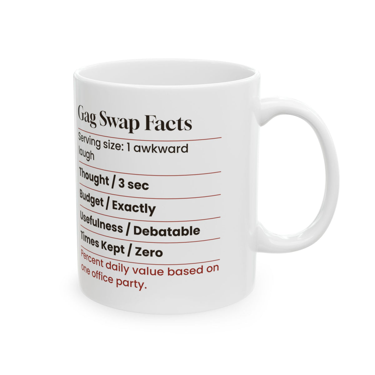Funny White Elephant Coffee Mug Gag Swap Facts Nutrition Label