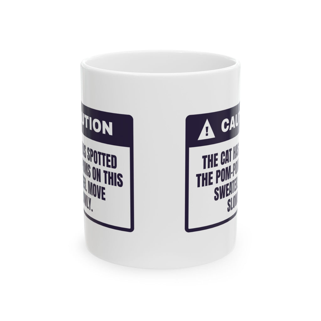 Funny Ugly Sweater Coffee Mug Cat Spotted The Pom-Poms Warning Label