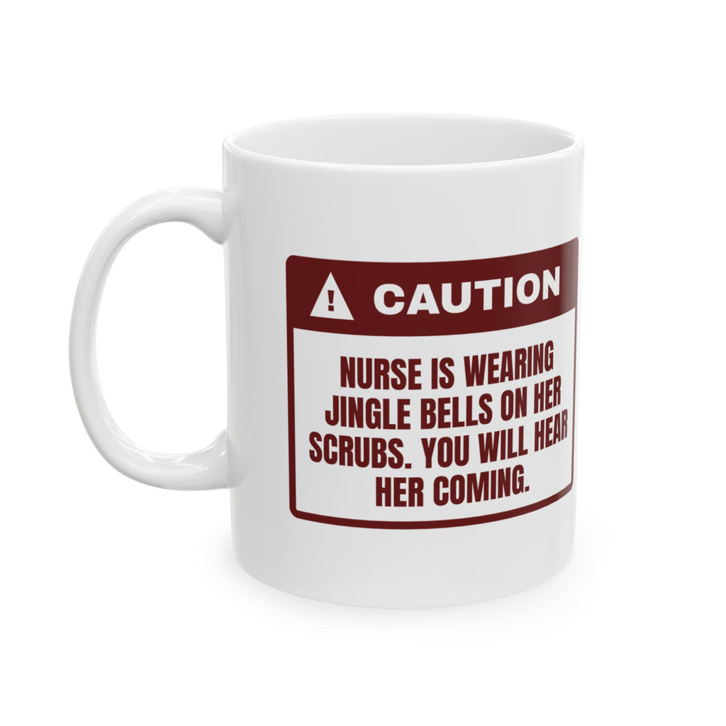 Funny Christmas Nurse Coffee Mug Jingle Bells On Scrubs Warning