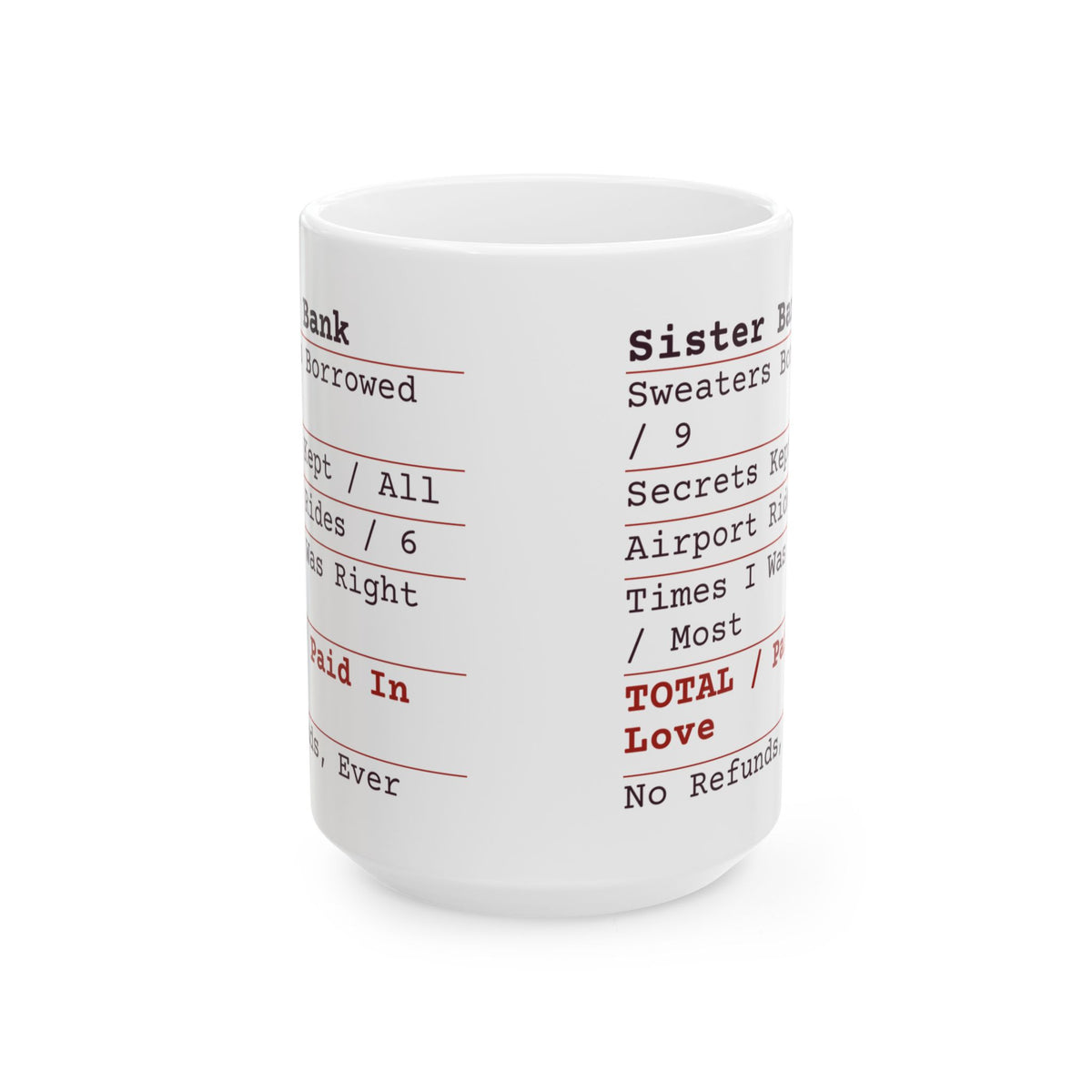 Funny Sister Coffee Mug Sister Bank Receipt Paid In Love