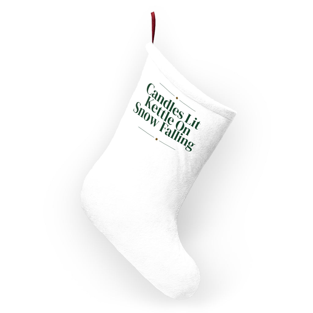 Christmas Stocking Candles Lit Kettle On Snow Falling Cozy Winter