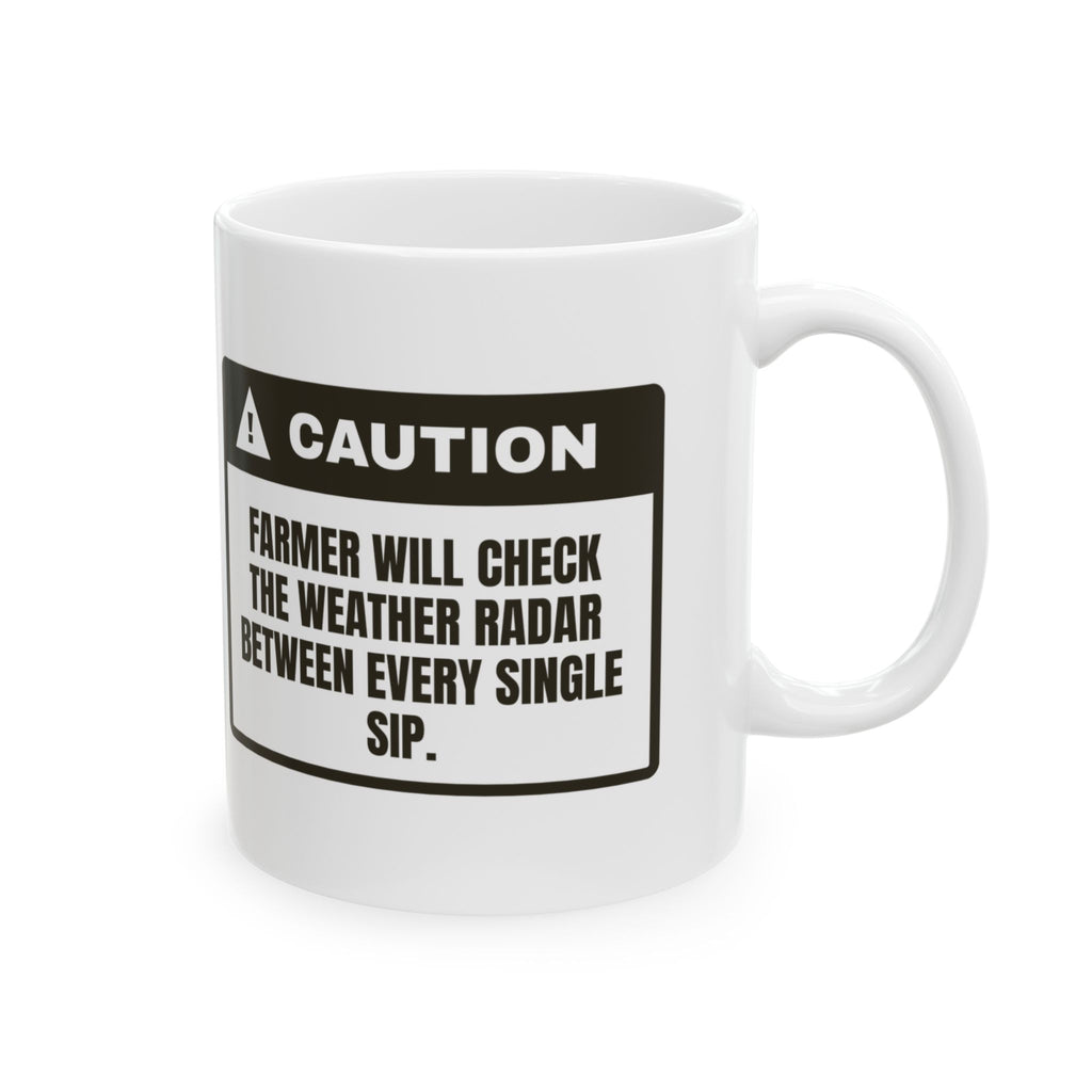 Funny Farmer Mug Checks Weather Radar Between Sips Caution Label