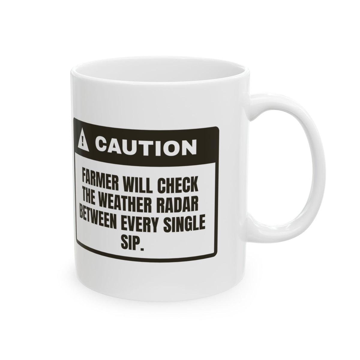 Funny Farmer Mug Checks Weather Radar Between Sips Caution Label